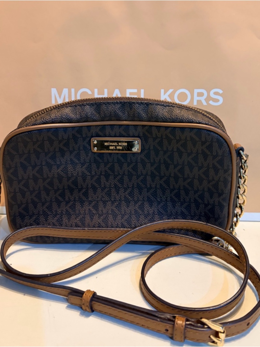Michael Kors Brown Monogram Crossbody with Tan Trim